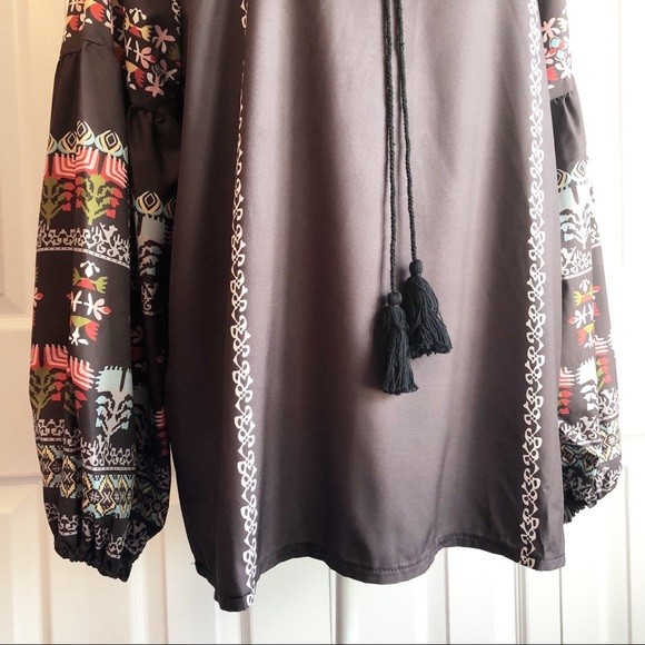 Misslook Gray Boho Print Long Sleeve Oversized Peasant Blouse - Picture 5 of 13